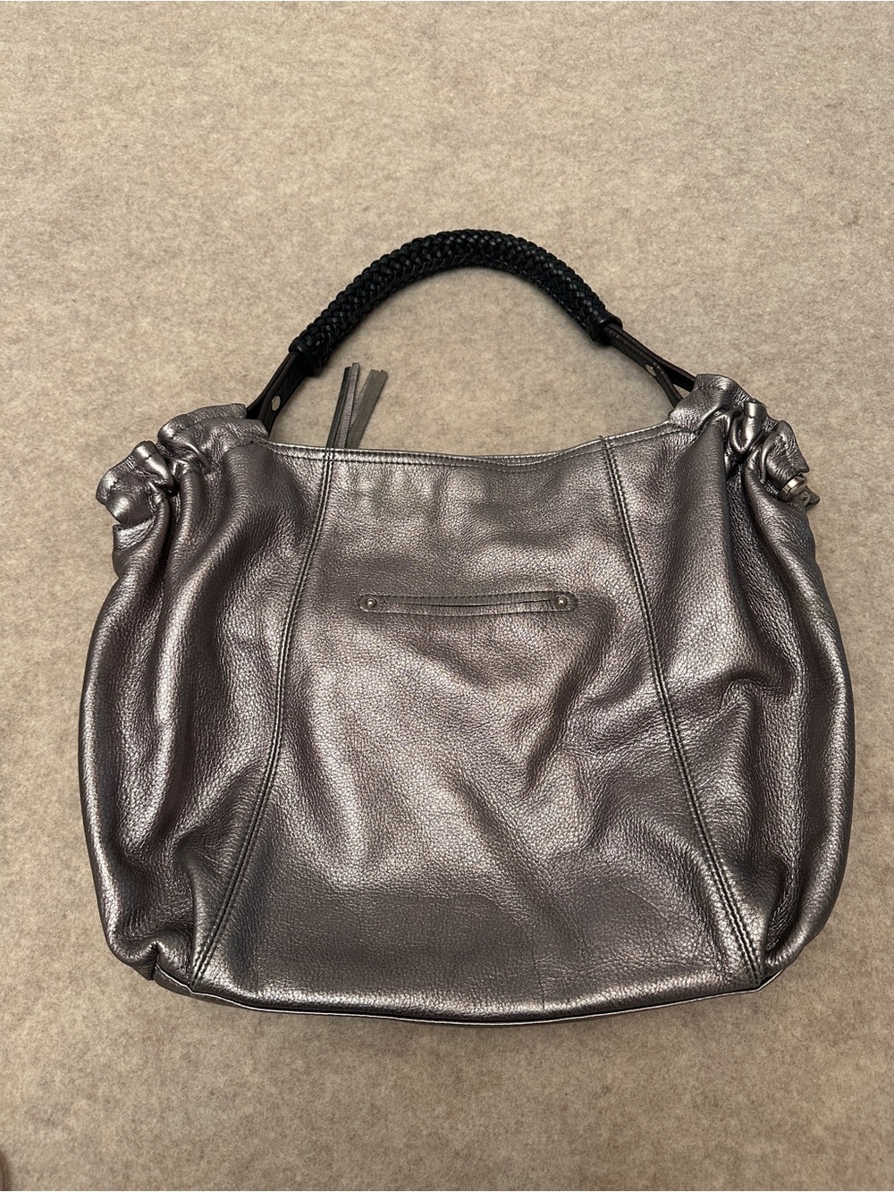 B. Makowsky Y2K Silver Metallic Leather Hobo Shoulder Bag Purse - Picture 3 of 14